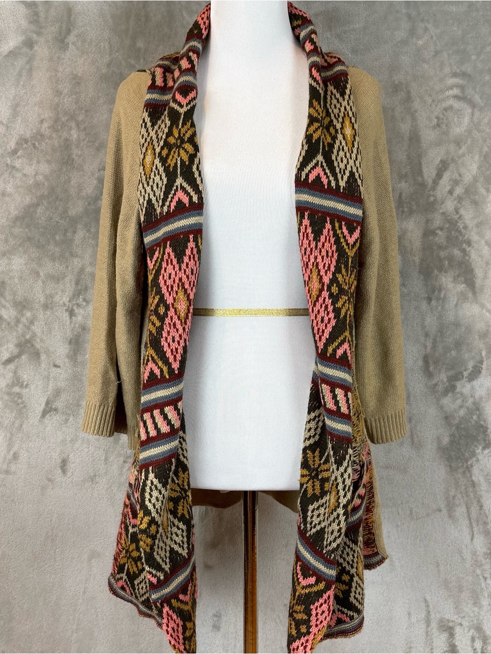 Angie Boho Fair Isle Open Front Cardigan Sweater Draped Knit Wmn’s M